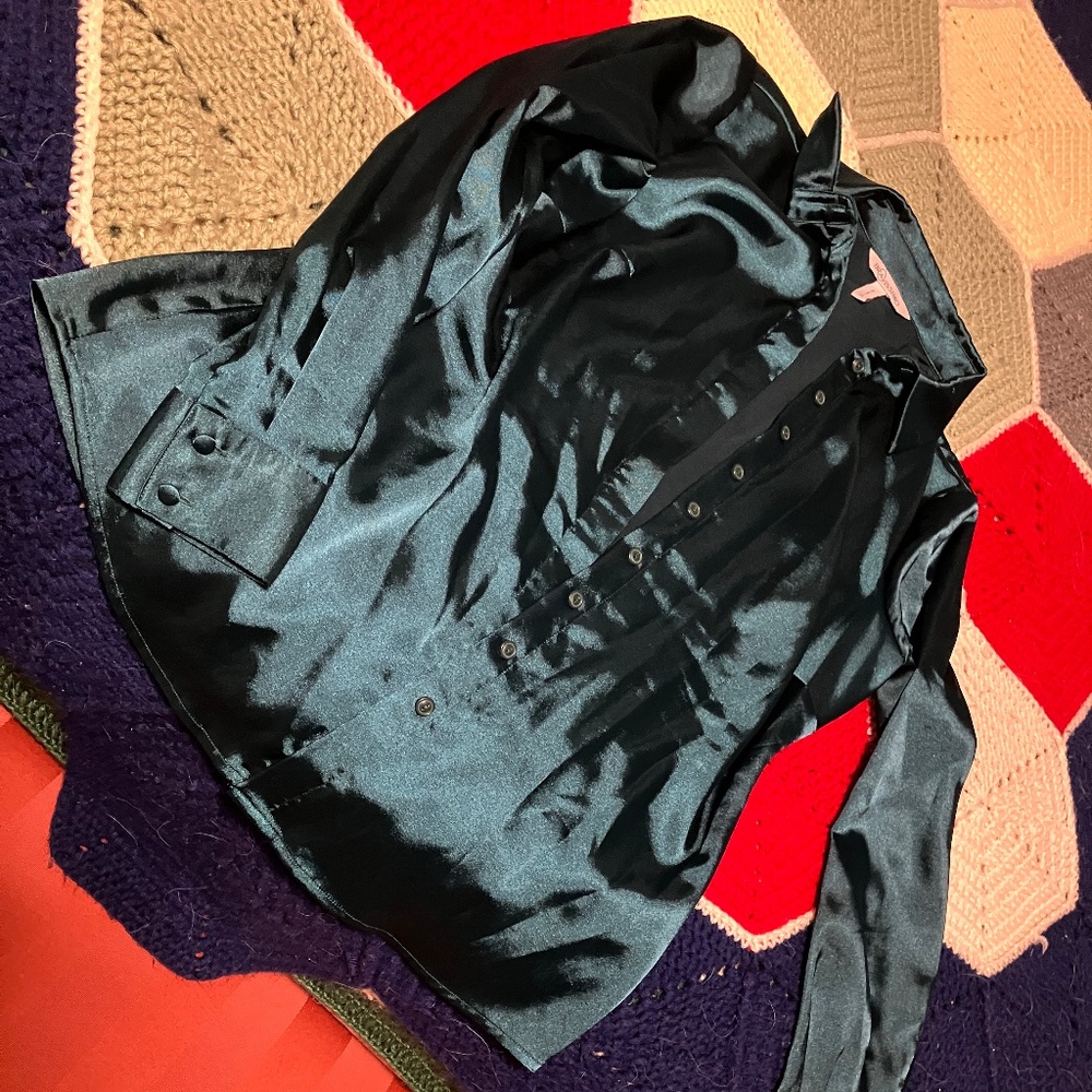 Super curvy button up shirt green satin